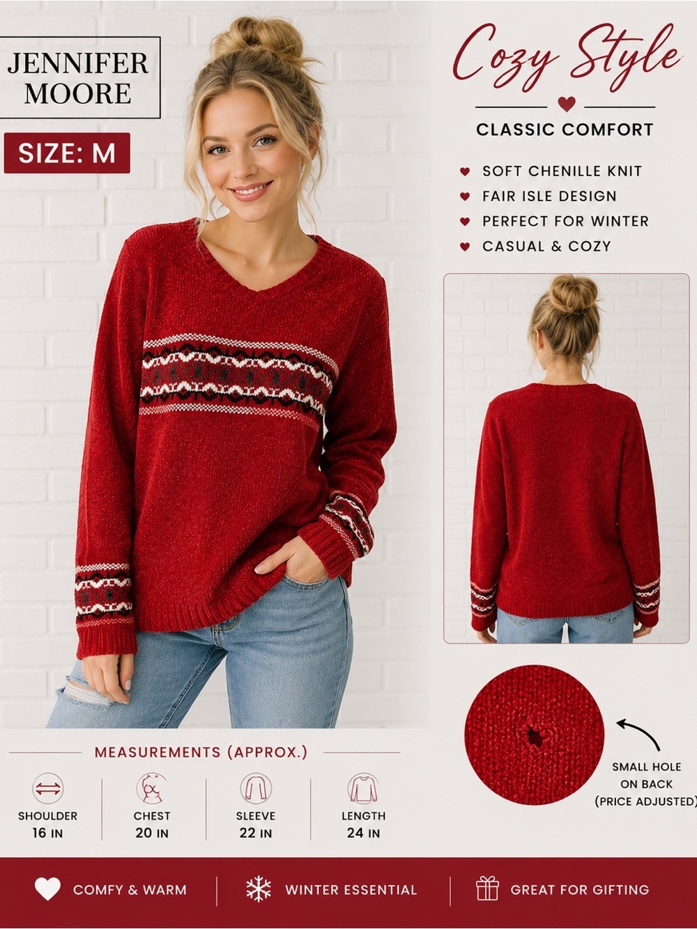 Jennifer Moore Red Fair Isle Chenille Sweater Women’s Size M Cozy Winter Knit